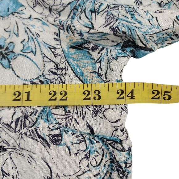 Tahari Linen Blouse Womens 1X White Blue Roll Tab Sleeve Button Up Floral Casual - Picture 8 of 12